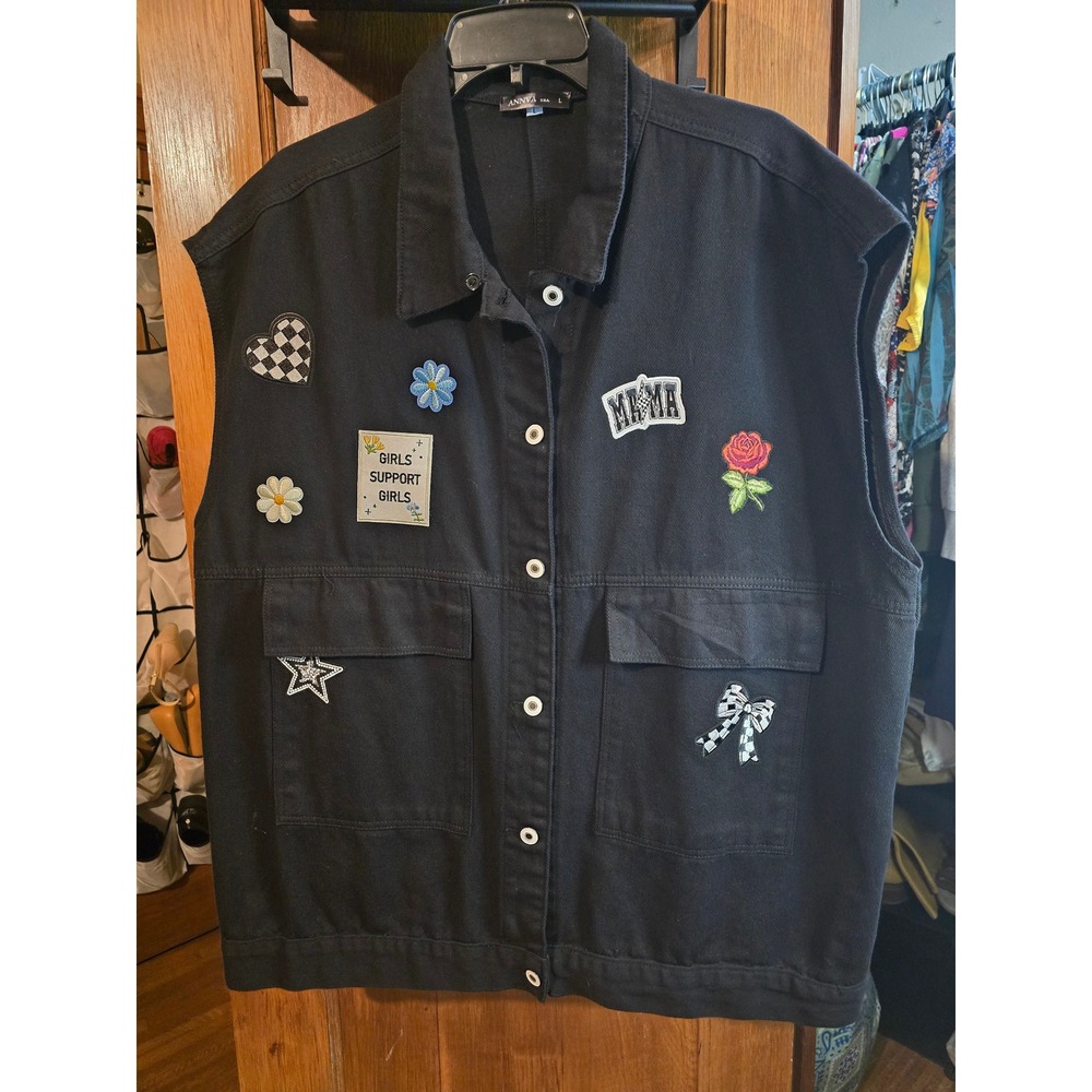 ANNVA USA Black Denim Vest Patches Oversized Women 3XL L Streetwear Pocket